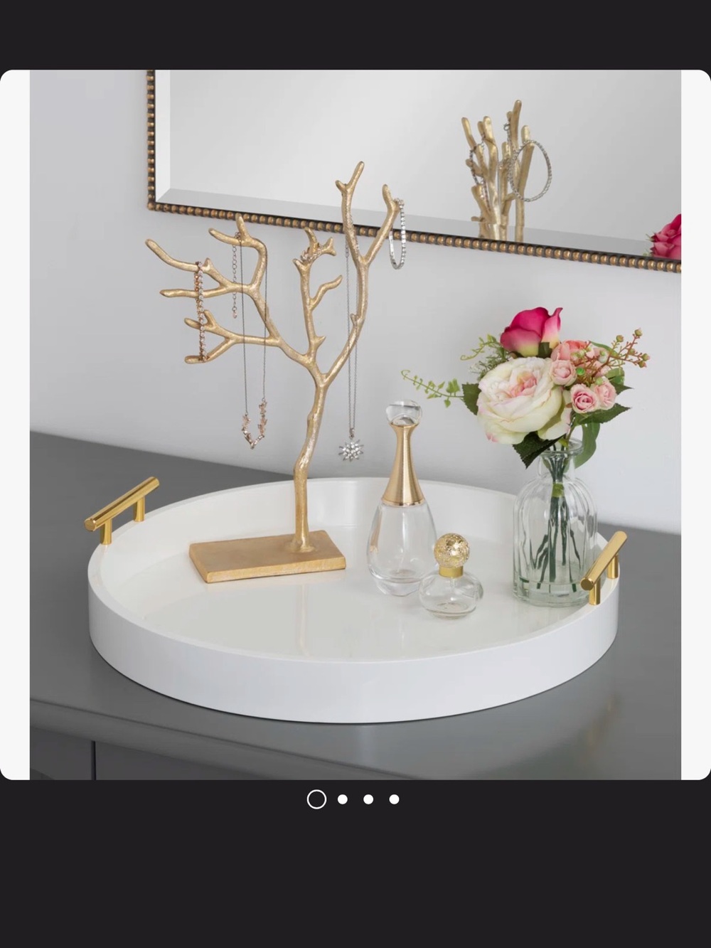 White Round Serving Tray with Gold Handles